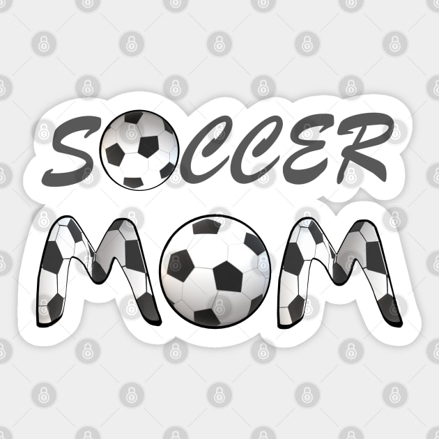 Soccer Mom. Soccer Balls and Black and White Soccer Patterned Letters. (White Background) Sticker by Art By LM Designs 